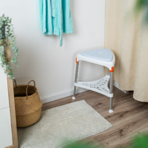 King Triangle Stool with Tray, Adjustable Height [Colour: white][Cushion: blue Cushion]